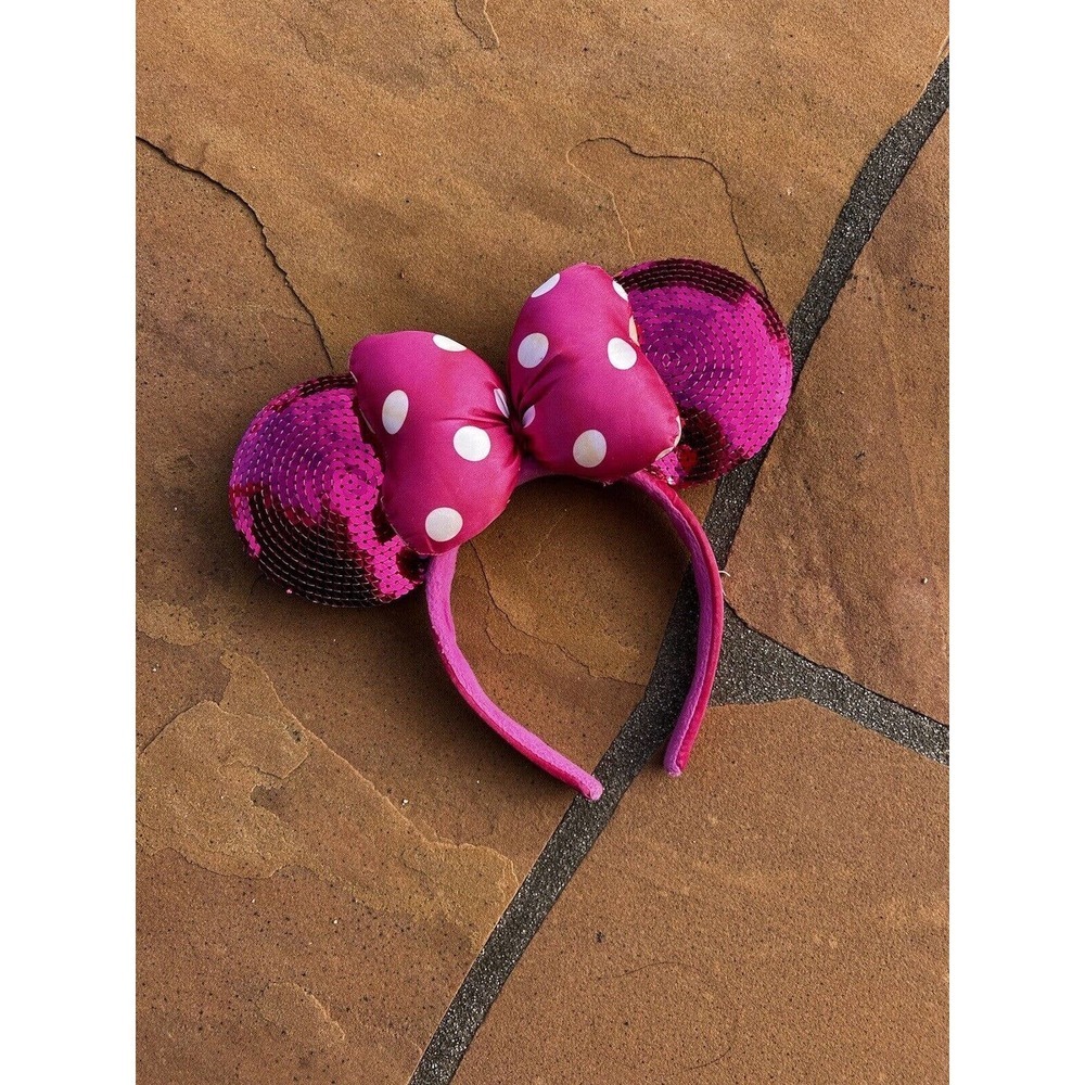 Disney Parks Hot Pink Sequin Polka Dot Bow Mickey Minnie Ears Headband